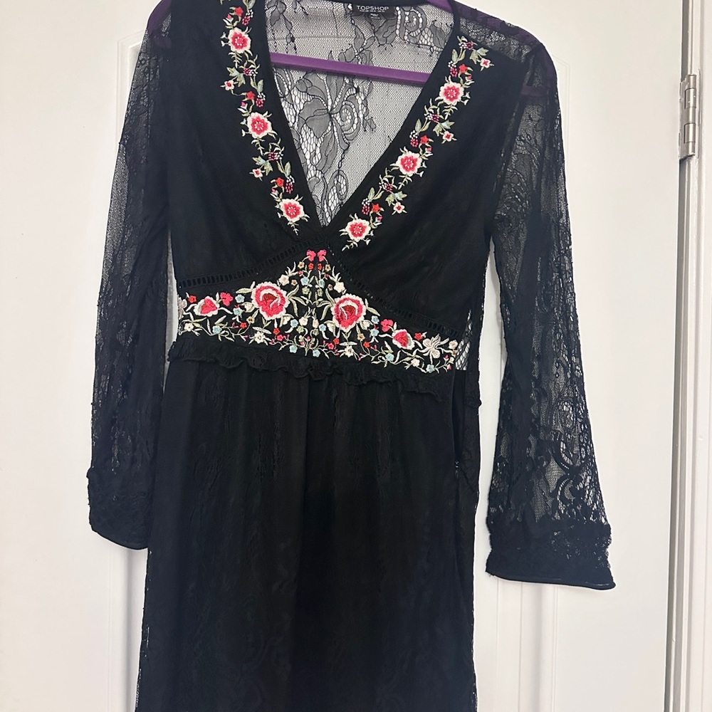 Topshop Black Dress with Red Floral Embroidery